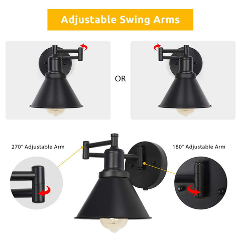 Black Plug In Wall Lamps Two Pack With Swing Arm Range 270 Degree Adjustment And 180 Degree Base On Off Switch Wall Sconces