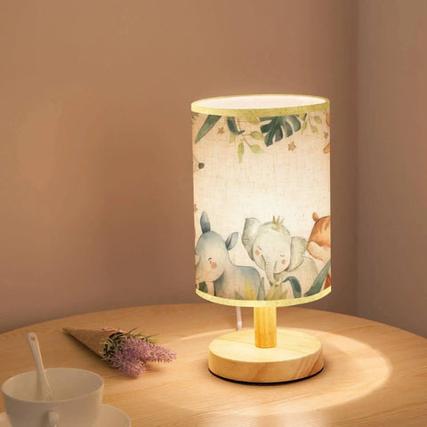 Minimalist Safari Animals Watercolor Bedside Table Lamp With Baby Elephant Lion Zebra Giraffe Wood Base And Flaxen Fabric Shade