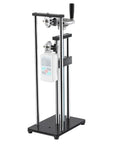Manual Force Test Stand With Hand Wheel 250mm Stroke Dual Mounting Plate 41x73mm And 40x90mm For ZMF Force Gauge Sold Separately Built For Precise Repeatable Measurements And Smooth Operation, front view with gauge mounted