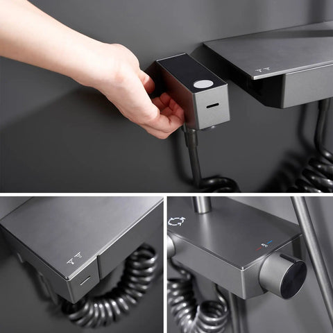 UMJIGF Shower System Thermostatic 4-Function Shower Faucet Set Wall Mount control panel with user hand adjusting setting.