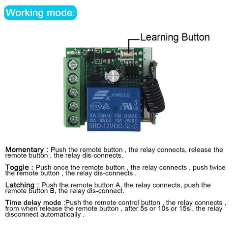 Close-up of 12V DC One Channel 433MHz Wireless Relay Remote Control Kit circuit board with learning button