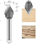 Built Like A Tank 60 Degree V Groove Router Bit With Premium Carbide Tipped Cutters And 1/4 Inch Shank designed for precise wood engraving.