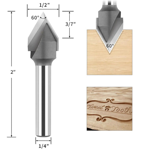 Built Like A Tank 60 Degree V Groove Router Bit With Premium Carbide Tipped Cutters And 1/4 Inch Shank designed for precise wood engraving.