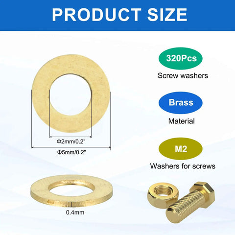 Brass Flat Washers Set For Bolts And Screws M2 Size 2mm Inner 5mm Outer 0.4mm Thick 320 Pack dimensions and details