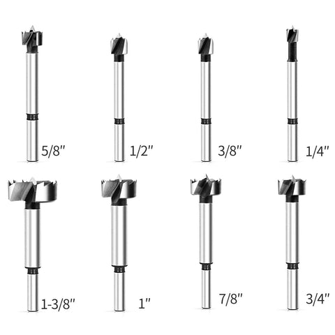BAIDETS 8-piece Forstner drill bit set for wood; eight silver bits with center-positioning, sizes 1/4 in to 1-3/8 in.