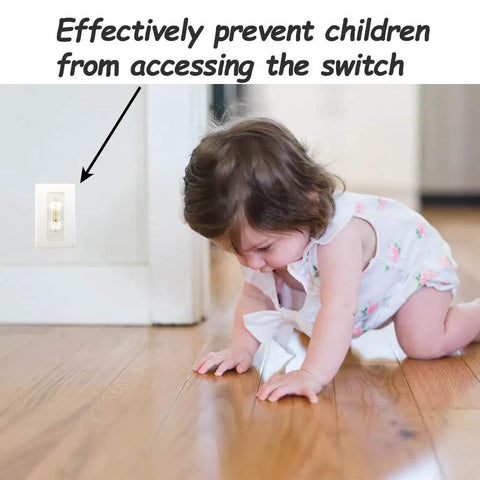 Baby on floor near switch with Clear Light Switch Guard 6 Pack Childproof Toggle Switch Cover to Prevent Accidental On Off