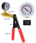 Close-up of a manual vacuum pump with gauge for Beast Lab Vacuum Filtration Kit With Pump Buchner Funnel Filtering Flask.