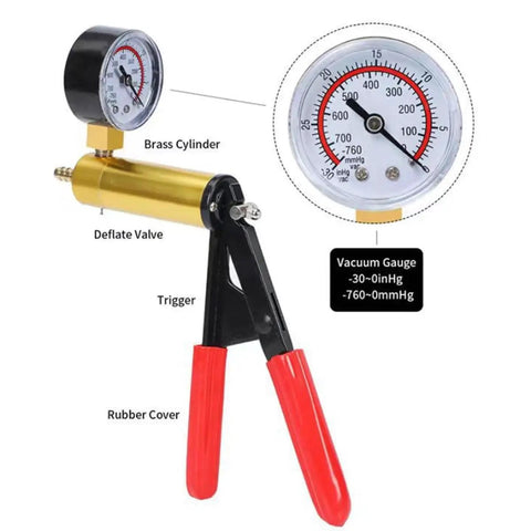 Close-up of a manual vacuum pump with gauge for Beast Lab Vacuum Filtration Kit With Pump Buchner Funnel Filtering Flask.