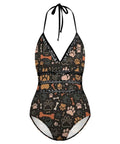 One Piece Swimsuit For Women Retro Dog Paw Bone Print High Waist Wrap Design Yacht Ready Beachwear with Slimming Silhouette