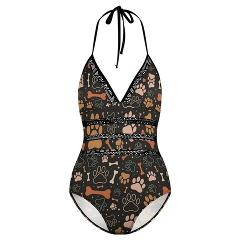 One Piece Swimsuit For Women Retro Dog Paw Bone Print High Waist Wrap Design Yacht Ready Beachwear with Slimming Silhouette