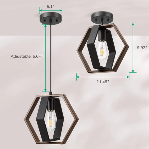 Dope Farmhouse Hex Pendant Light For Kitchen Island And Hallway, Wood Grain And Black Finish, Adjustable Height 6.6ft