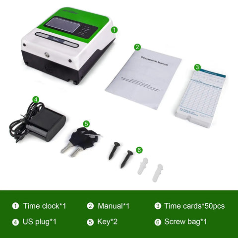 No Sweat Real Deal Employee Thermal Time Clock For Small Business Automatic Punch Terminal, includes manual, time cards, and accessories.