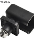 Next Level Heavy Duty 200A Energy Storage Terminal Block Featuring High Voltage Copper Connector And Crimp Wiring For EV Battery Packs Plus Solar Builds In Black, single unit, rugged design.