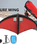 Inflatable Wing Foil Kite For Water Sports Handheld Wing Surfing Gear With 4 5 6 Sqm Wings Includes Storage Bag And Surf Leash Epic For Wind Wing Foiling Kitesurfing Snow Ski And Water Play shown inflated on water, with pump and bag displayed
