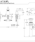 Diagram of Royale Widespread Mini Bathroom Faucet 4.5 inch centers with brass pop up drain, polished chrome finish and dimensions.