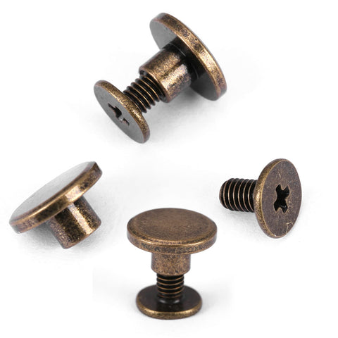 Slick Screw On Brads For Leather Crafts Dope Flat Head Rivets 5mm Copper Brass Repair Fasteners Anti Rust in four angles.