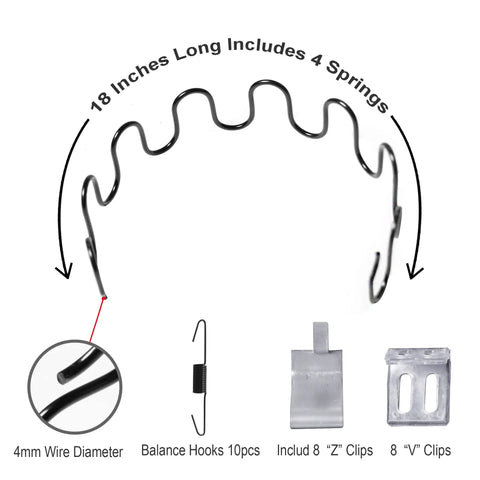 Heavy Duty Eight Gauge Eighteen Inch Upholstery Springs And Seat Hardware Kit For Recliner Couch Sofa Repair with 4 springs, clips, and hooks.