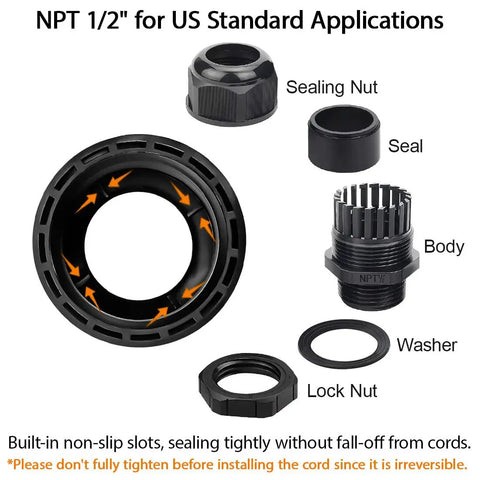 Five Pack NPT Half Inch Cable Glands Waterproof Adjustable 6-12mm Cable Connectors Black Nylon Joints With Gaskets Weatherproof Seals Easy Install Ideal For Outdoor And Indoor Electrical Enclosures shown with components labeled including sealing nut, seal, body, washer, and lock nut.