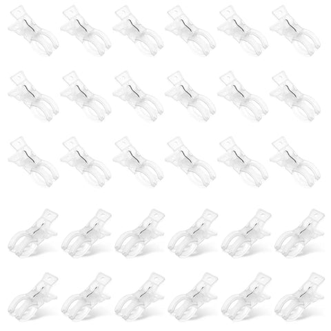 Heavy Duty 30 Pack Clear Balloon Arch Clips Kit With Invisible Spring Clamps For Weddings Parties And Beach Towels Holding Backdrops Quilts Photography Props securely without ruining your vibe., 30 clear ABS plastic clips shown in grid