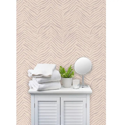 Abstract Animal Design Pvc Free Type Ii Commercial Wallpaper Featuring Matte Linen Texture, beige zebra pattern, decorative towels.