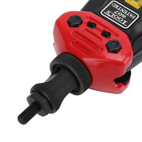 Close-up of the 16 Inch Hand Blind Rivet Nut Setter Kit With 10 Mandrels For 110 Thread Inserts Heavy Duty Tool Set red and black head.
