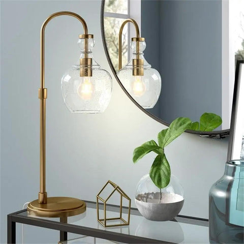 27 Inch Tall Arc Table Lamp With Seeded Glass Shade In Brushed Brass Finish For Home Or Office Desk Reading And Task Lighting