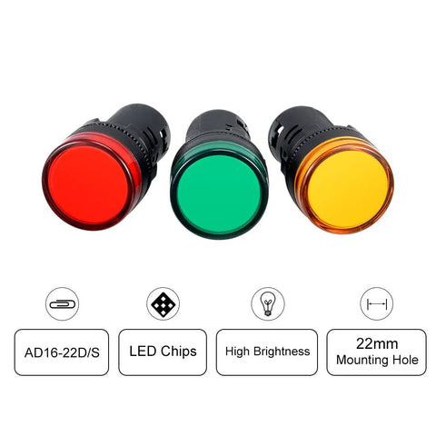 4 Pack Tri Color LED Indicator Lights 24V AC DC 22mm Panel Mount Kit With Red Green Yellow LEDs front view