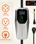 Close-up of No Sweat Portable Level 1 And Level 2 EV Charger Delivers 32 Amp Boost Via J1772 Connector with LCD display and plugs.