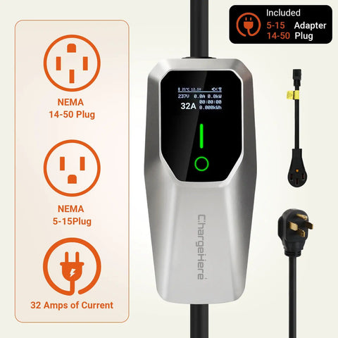 Close-up of No Sweat Portable Level 1 And Level 2 EV Charger Delivers 32 Amp Boost Via J1772 Connector with LCD display and plugs.