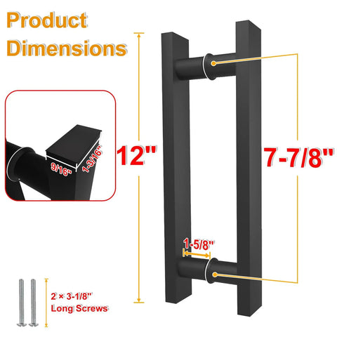 Matte Black Square Barn Door Handles Set For Double Sided Doors Pull Push Long French Door Hardware dimensions 12 inch 7-7/8 inch