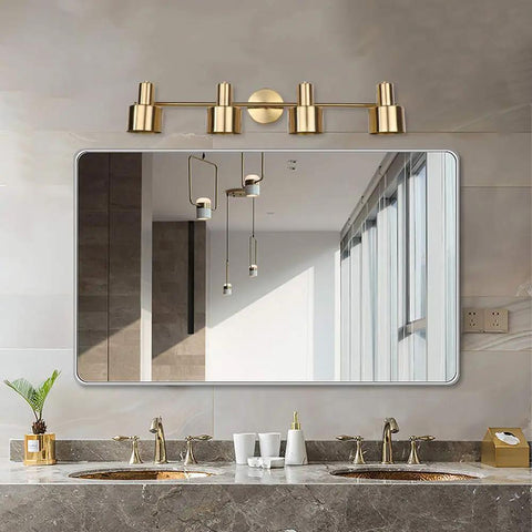 Brushed Brass Vanity Light Fixture With Four Modern Wall Bar Sconces Over Mirror IP44 Waterproof Metal Shade Bathroom