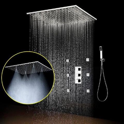 Heavy Duty 20X40 Inch Shower Panel System With Solid Three Knob Thermostatic Mixer And Four Mode Settings Like Rainfall Mist Massage Jets Plus Independent Hand Shower In Classic Antique Brass  with overhead rain and handheld shower.