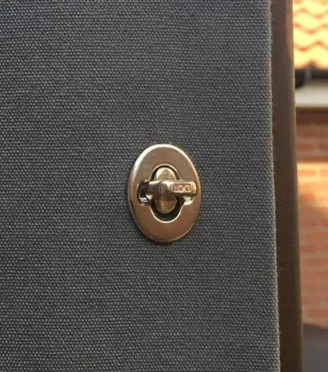 Turnbutton Fastener Cloth To Cloth Kit for Boat Canopy Canvas Covers mounted on gray fabric, featuring eyelets and studs.