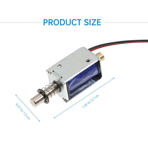 TEHAUX 12V mini push-pull solenoid, open-frame linear actuator, side view with blue coil.