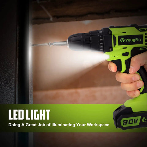 Cordless Drill Set 20V With Battery And Charger Carrying Case in use, highlighting built-in LED light for workspace illumination