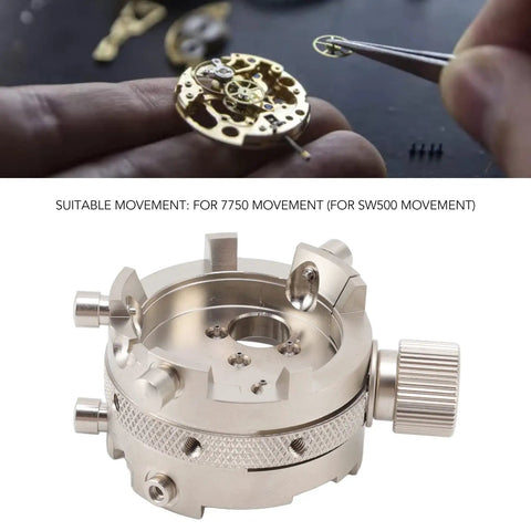 Pro Grade Stainless Steel Watch Movement Base Holder For Repairs And Adjustments, featuring screws and knobs, suitable for 7750 movement.