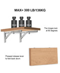 Heavy Duty Stainless Steel Triangle Bracket Set 2 Pack with 136kg Load Capacity shown supporting a wooden shelf with weights