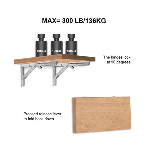 Heavy Duty Stainless Steel Triangle Bracket Set 2 Pack with 136kg Load Capacity shown supporting a wooden shelf with weights