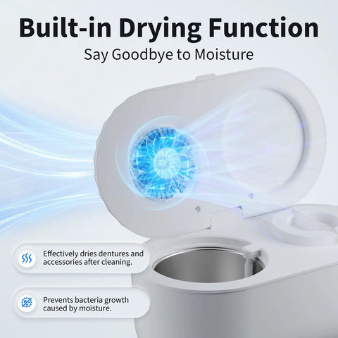 Automatic Denture Cleaner With Drain And Dry No Fuss, 45kHz Cleaning Machine For Dentures Retainers Night Guards Braces And Aligners, Built In Drainage Chamber, Low Noise Design, Hands Free Cleaning And Drying. Built-in drying function on white automatic denture cleaner with open drainage chamber.