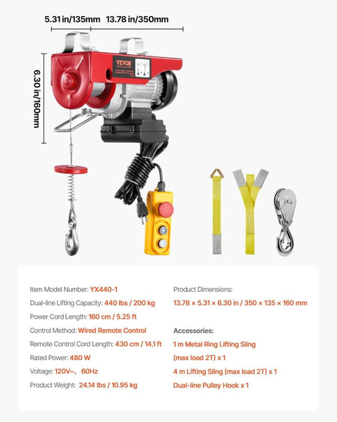 Electric Hoist With 14ft Wired Remote, 440 Lb Capacity, 110V Lifting Tool for Factory Warehouse Construction Site, red design
