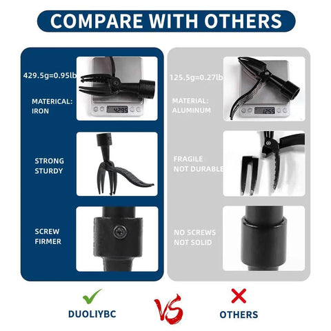 Comparison of stand up weed puller tools showing iron material durability versus aluminum for garden maintenance use.