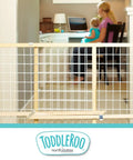 Extra Wide Wooden Baby Gate With Wire Mesh Pressure Mounted Gate For Doorways Adjustable 29.5 To 50 Inches Wide And 31 Inches Tall in a home office