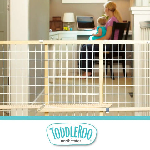 Extra Wide Wooden Baby Gate With Wire Mesh Pressure Mounted Gate For Doorways Adjustable 29.5 To 50 Inches Wide And 31 Inches Tall in a home office