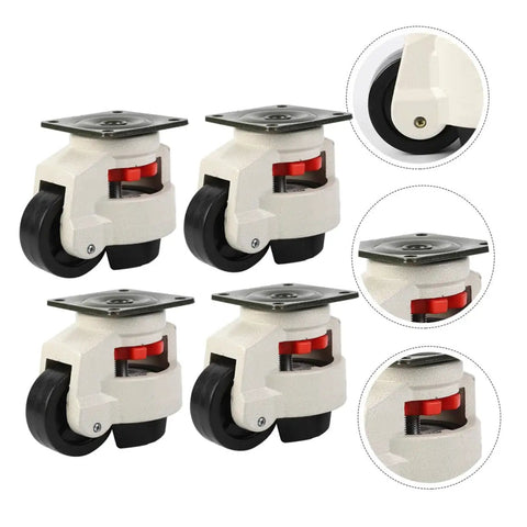 Heavy Duty Swivel Casters Four Pack Roll Smooth On Hardwood Floors Top Shelf Industrial Wheels For Workbenches Machinery With Adjustable Leveling Plates, featuring white nylon wheels and steel plates.