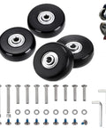 Top Shelf Smooth Roll Replacement Wheels For Suitcases And Travel Cases Featuring Silent Swivel Casters With Secure Axles and various hardware parts.