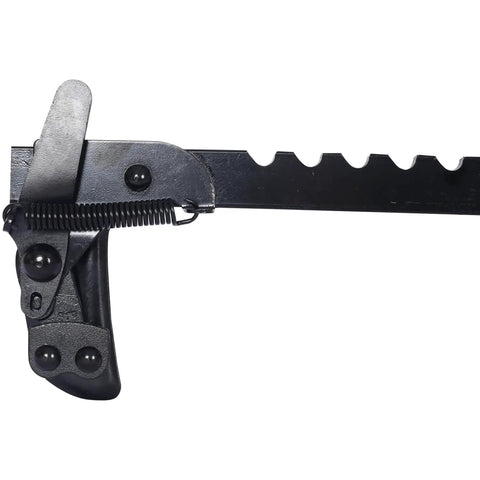 Heavy Duty Fence Stretcher And Wire Splicer Tool For Quick Tightening Of Barbed And Smooth Fences All Purpose Black Steel Outdoor Lawn Gadget showing side view and metal notches.