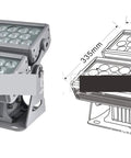 144W Outdoor LED Flood Light Weatherproof Housing And Adjustable Spot Angle For Stadiums Backyards And Garages Pumping Out Heavy Duty Lumens, showing dimensions and design.