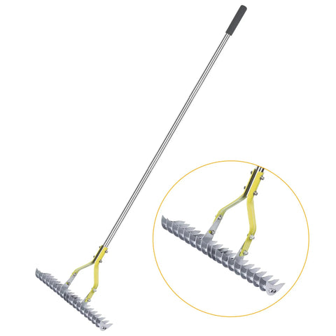 Dethatching Rake For Lawn Care, 15 Inch Wide Thatch Rake With Stainless Steel Tines, Adjustable Handle, shown in full length view