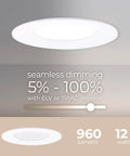 Slick LED Recessed Retrofit Light with seamless dimming 960 lumens, 12 watts, designed for standard 4, 5 or 6 inch housing.