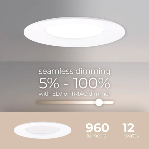 Slick LED Recessed Retrofit Light with seamless dimming 960 lumens, 12 watts, designed for standard 4, 5 or 6 inch housing.
